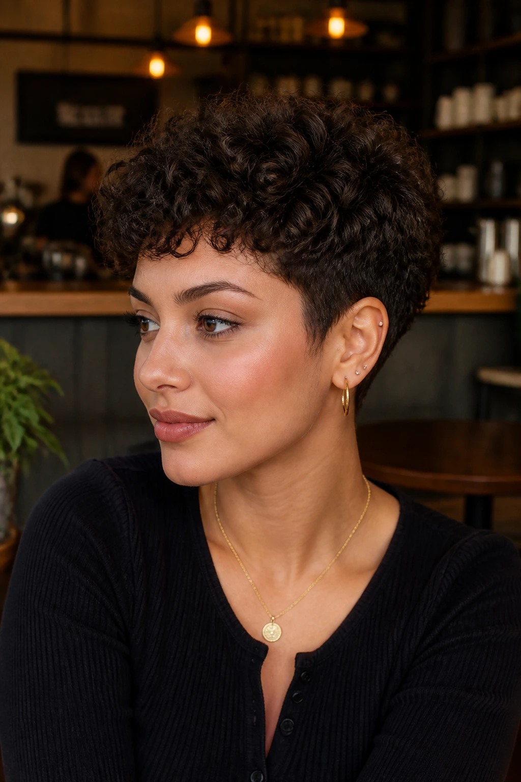 Person with tapered curly crop and soft edges in warm cafe