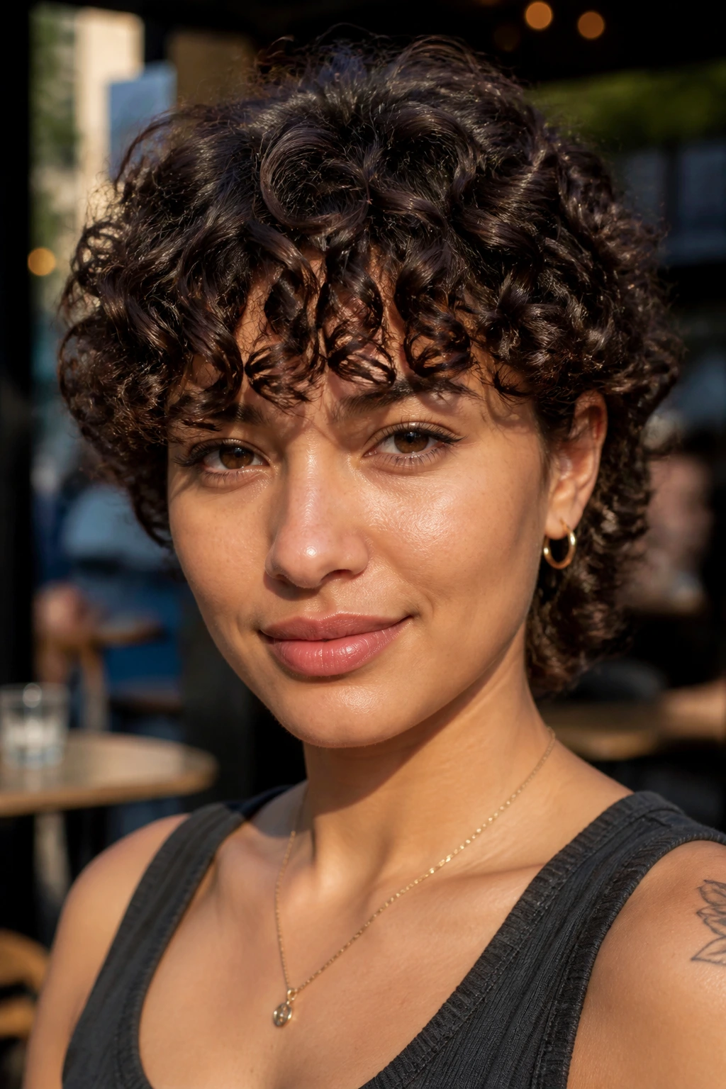 Close-up of a woman with tapered curly cut and brow-skimming fringe.