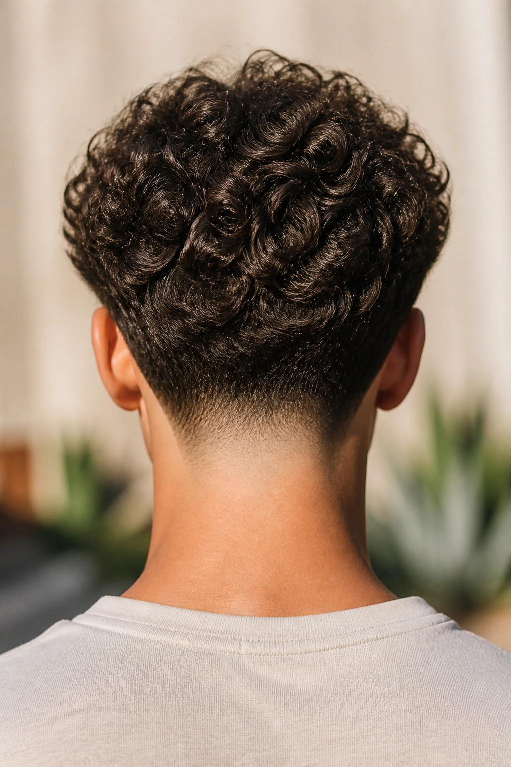 Back view of a real person with a tapered curly cut and clean neckline