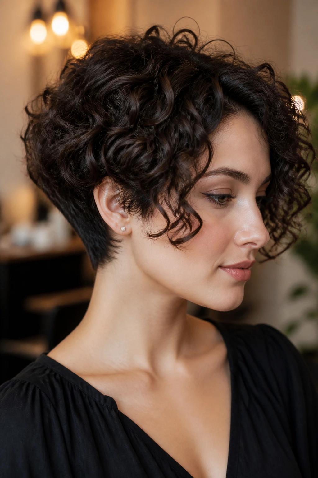 Real woman with tapered curly cut and clean nape under warm indoor lighting