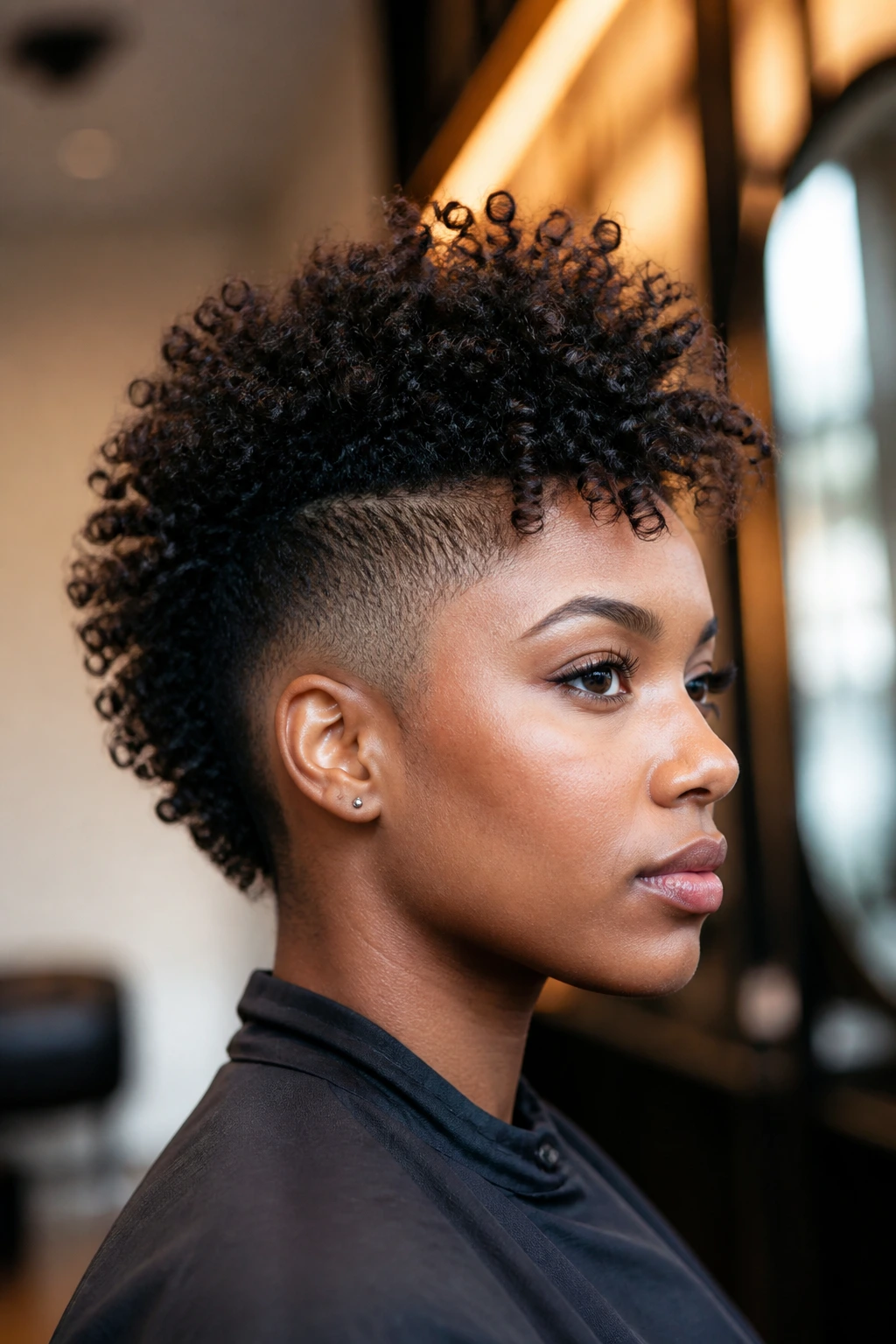 Close-up portrait of a real person with a tapered curly hawk hairstyle