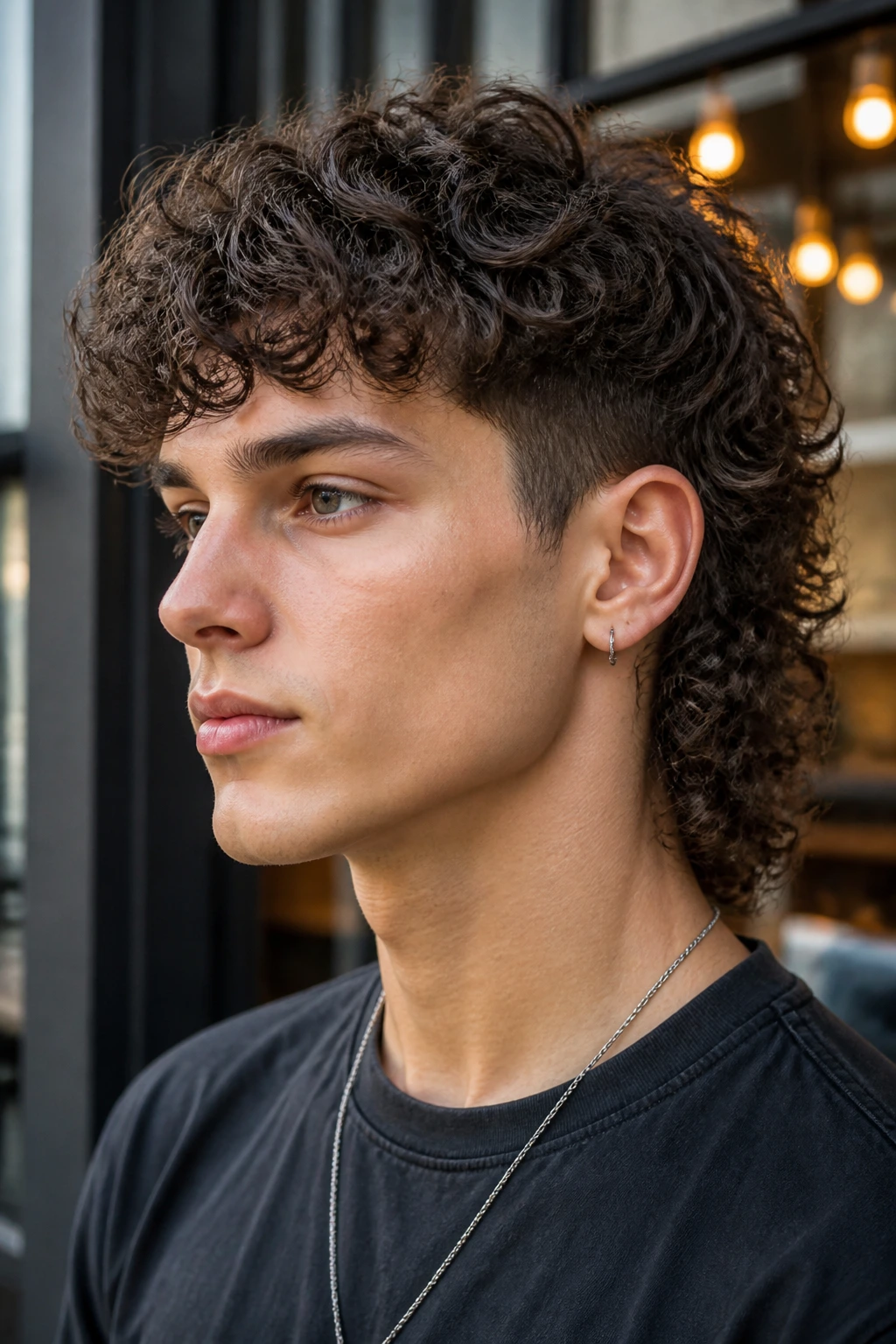 Close-up portrait of a real person showing tapered curly mullet with defined curls