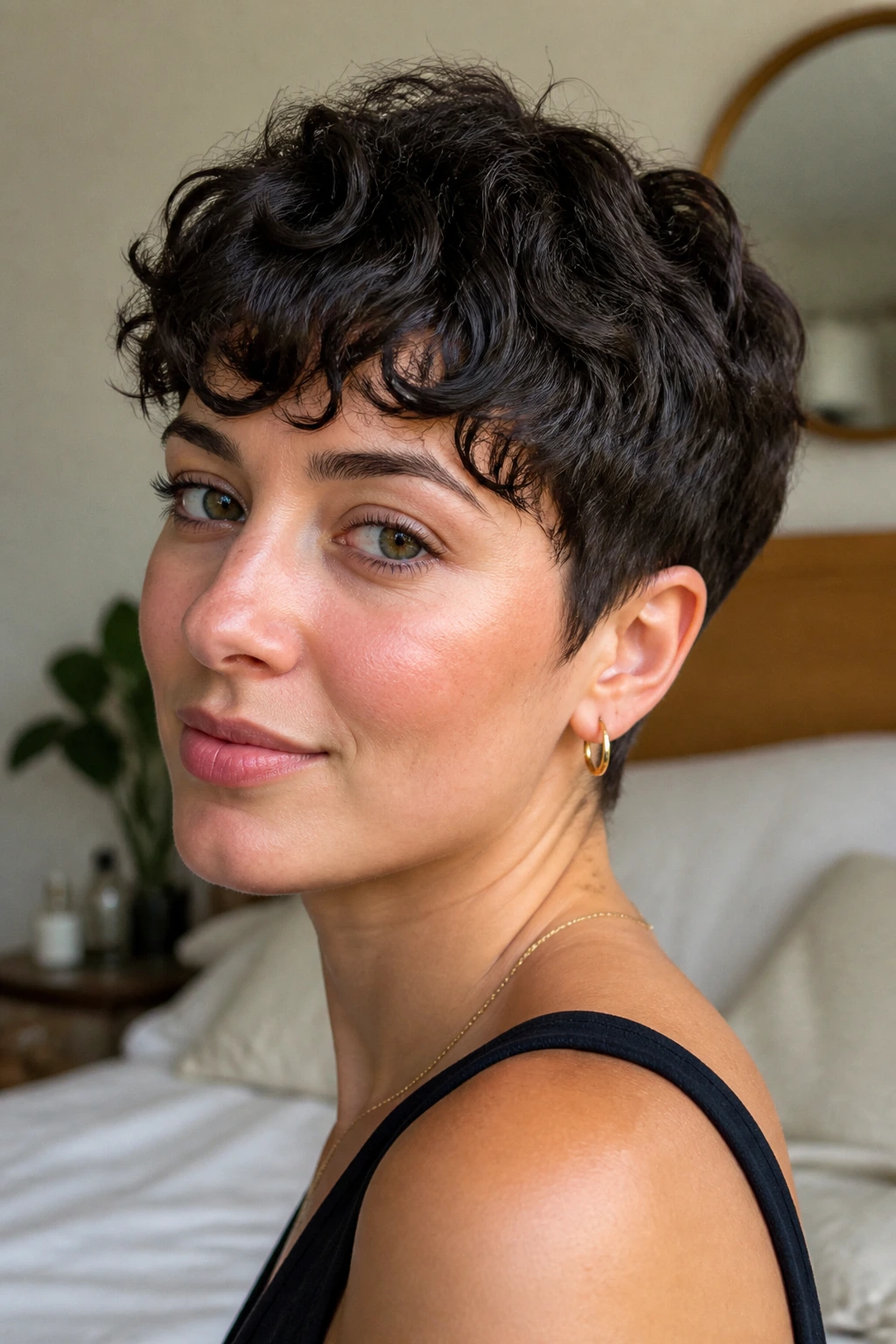 Real woman with tapered curly pixie haircut