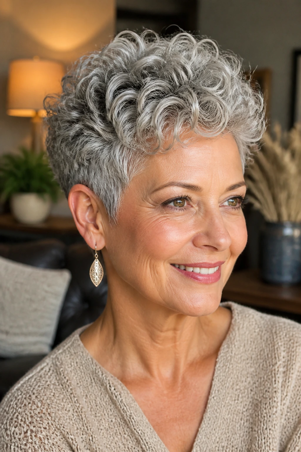 Close-up of a woman with a tapered curly pixie and crown lift on silver hair.