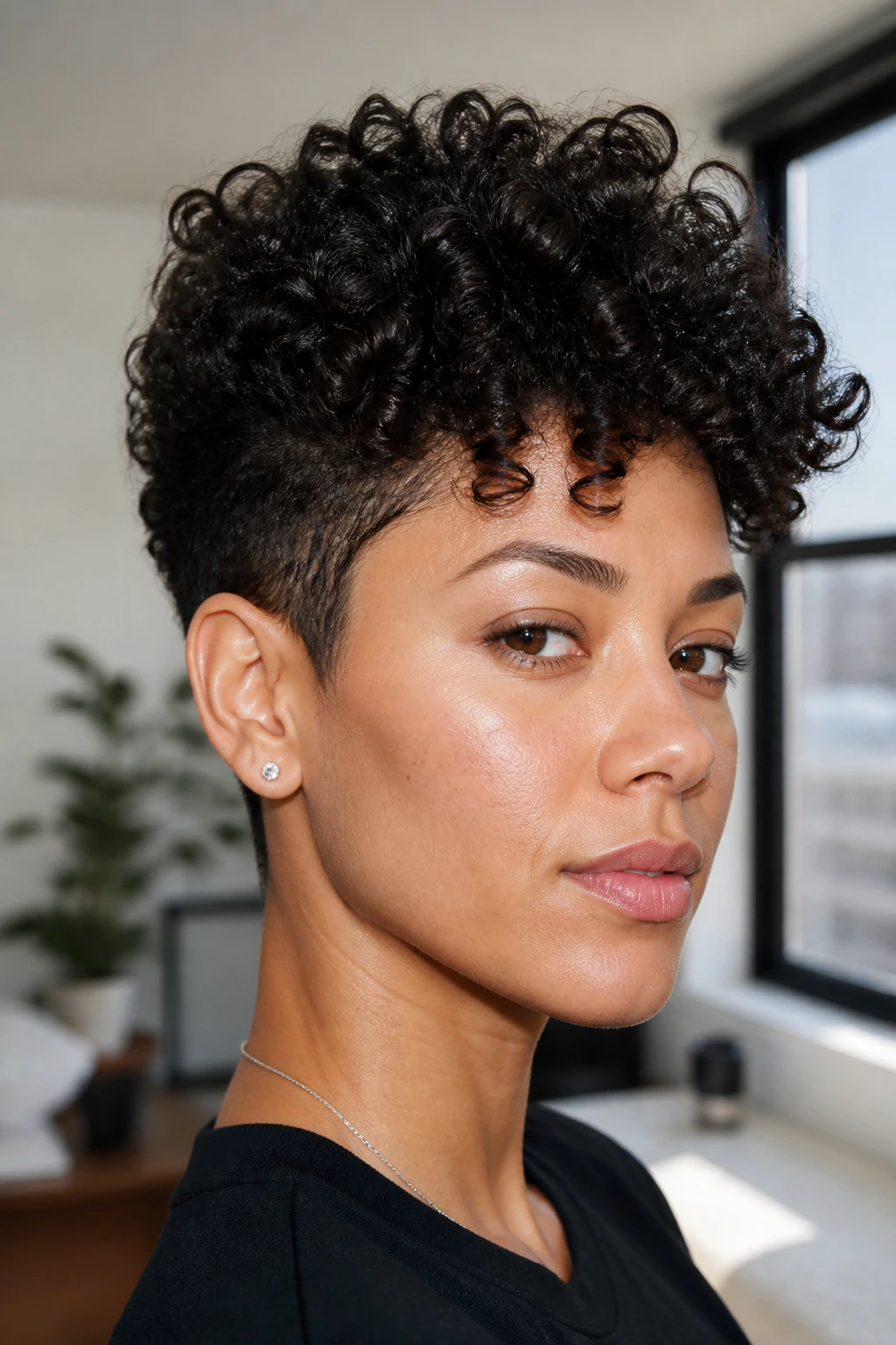 Close-up of a woman with a tapered curly pixie hairstyle