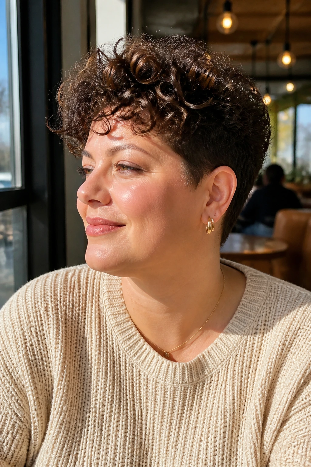 Close-up of a real person with a tapered curly pixie in cafe daylight