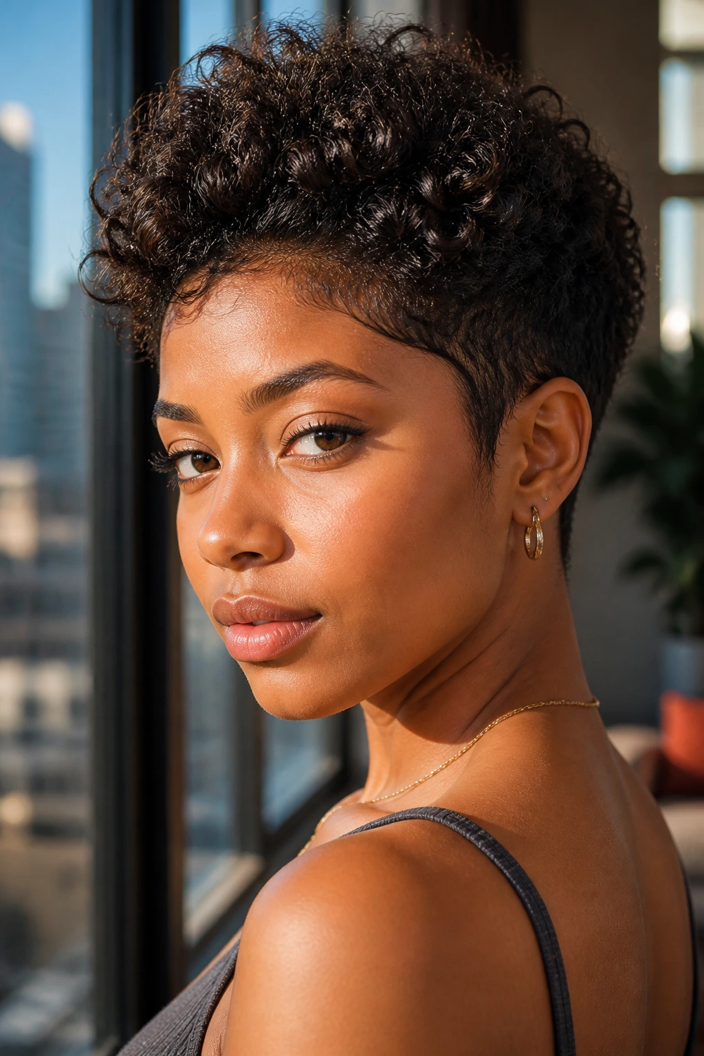 Close-up portrait of a real woman with a tapered curly pixie hairstyle