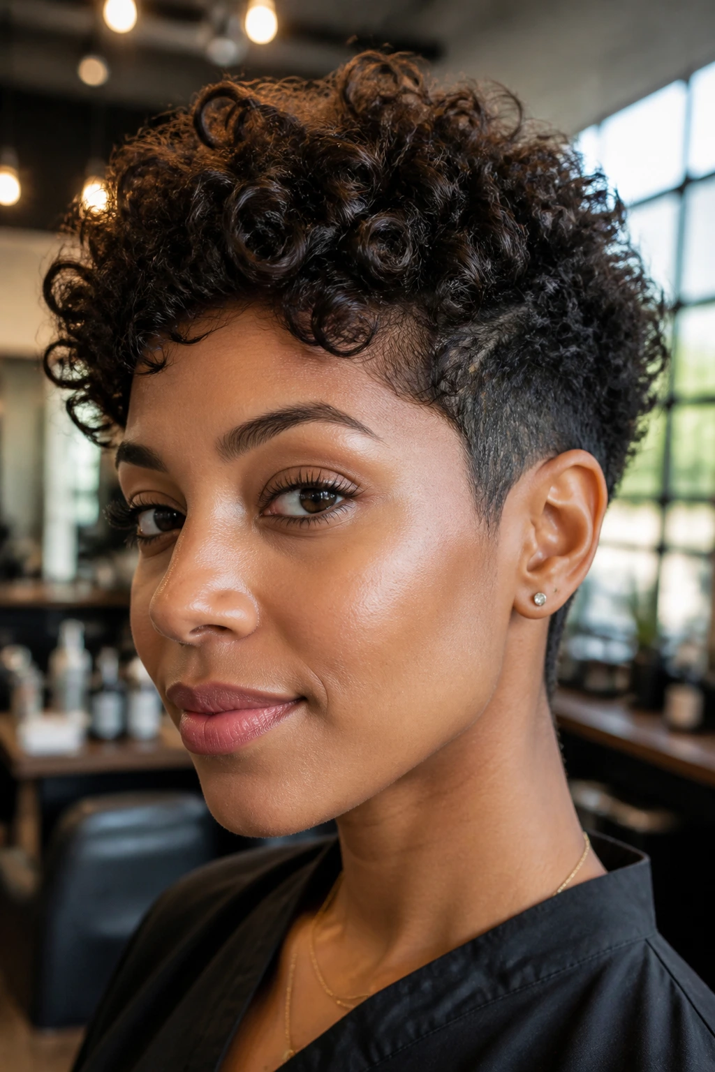 Portrait of a real woman with a tapered curly pixie showing lifted crown and neat nape