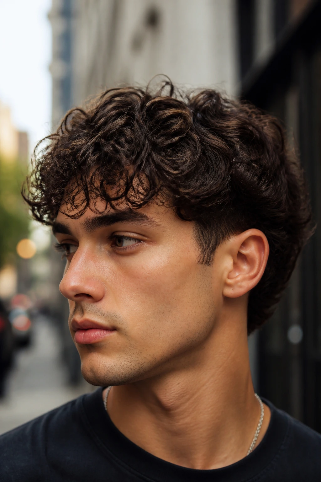 Close-up portrait of a man with a tapered curly shag haircut.