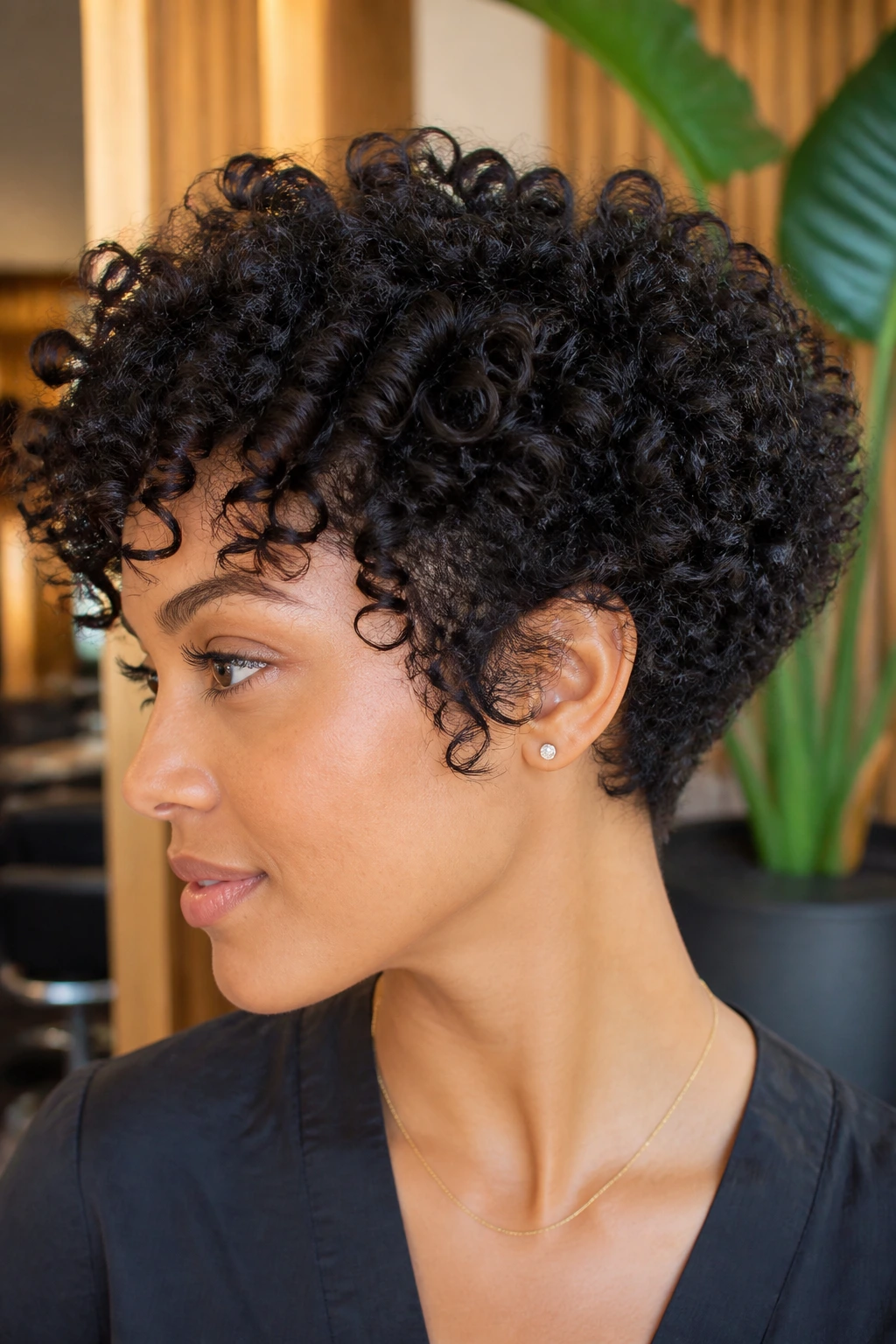 Real woman with tapered curly shag on tight coils in stylish salon lighting