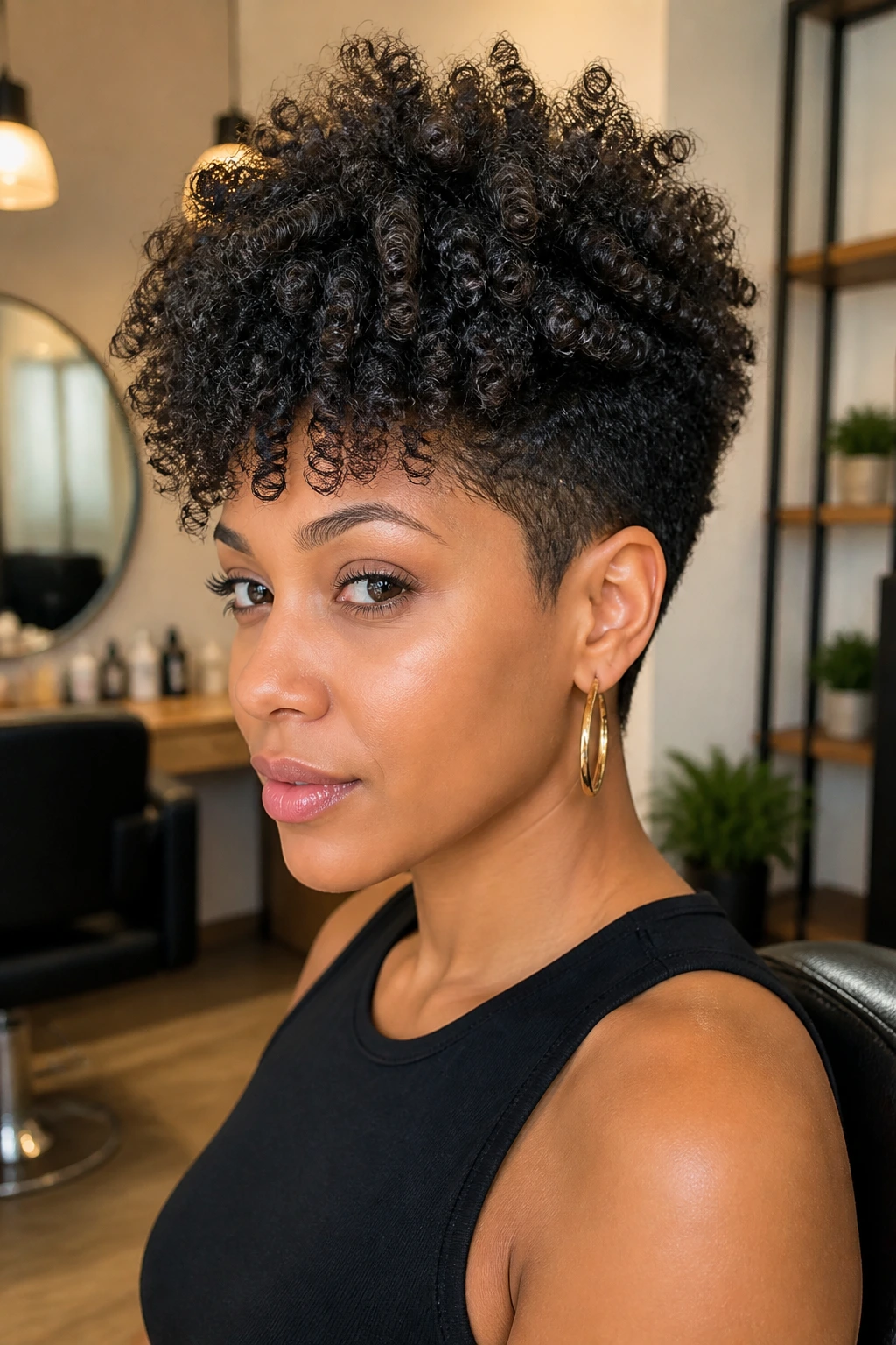 Portrait of a real woman with tapered sides and voluminous top curls