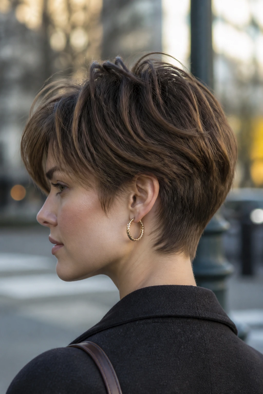 Real person with a tapered cut and choppy nape in an outdoor urban setting