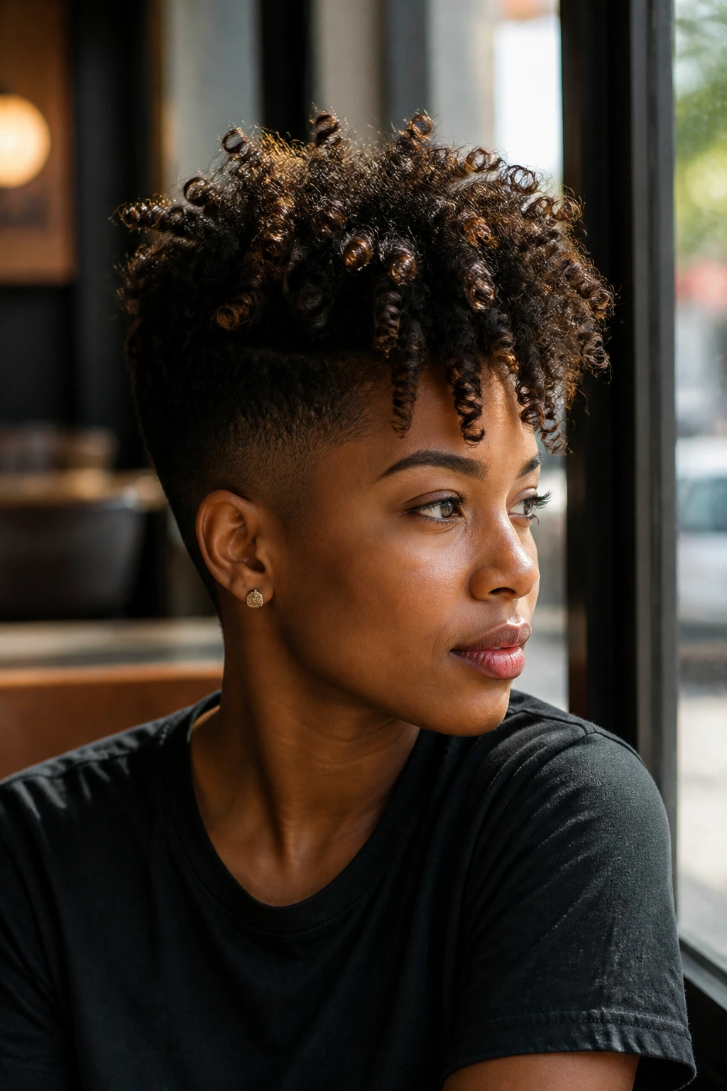 Portrait of a real person with a tapered cut and long top coils