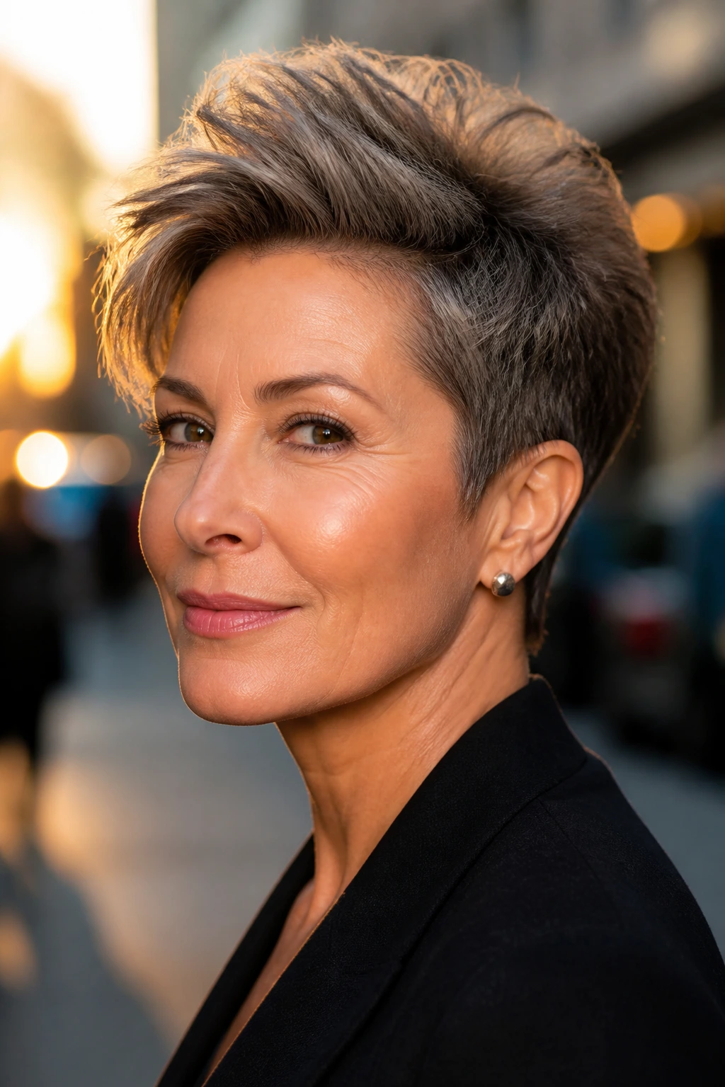 Close-up portrait of a real woman with a tapered cut and lifted crown showing top volume.