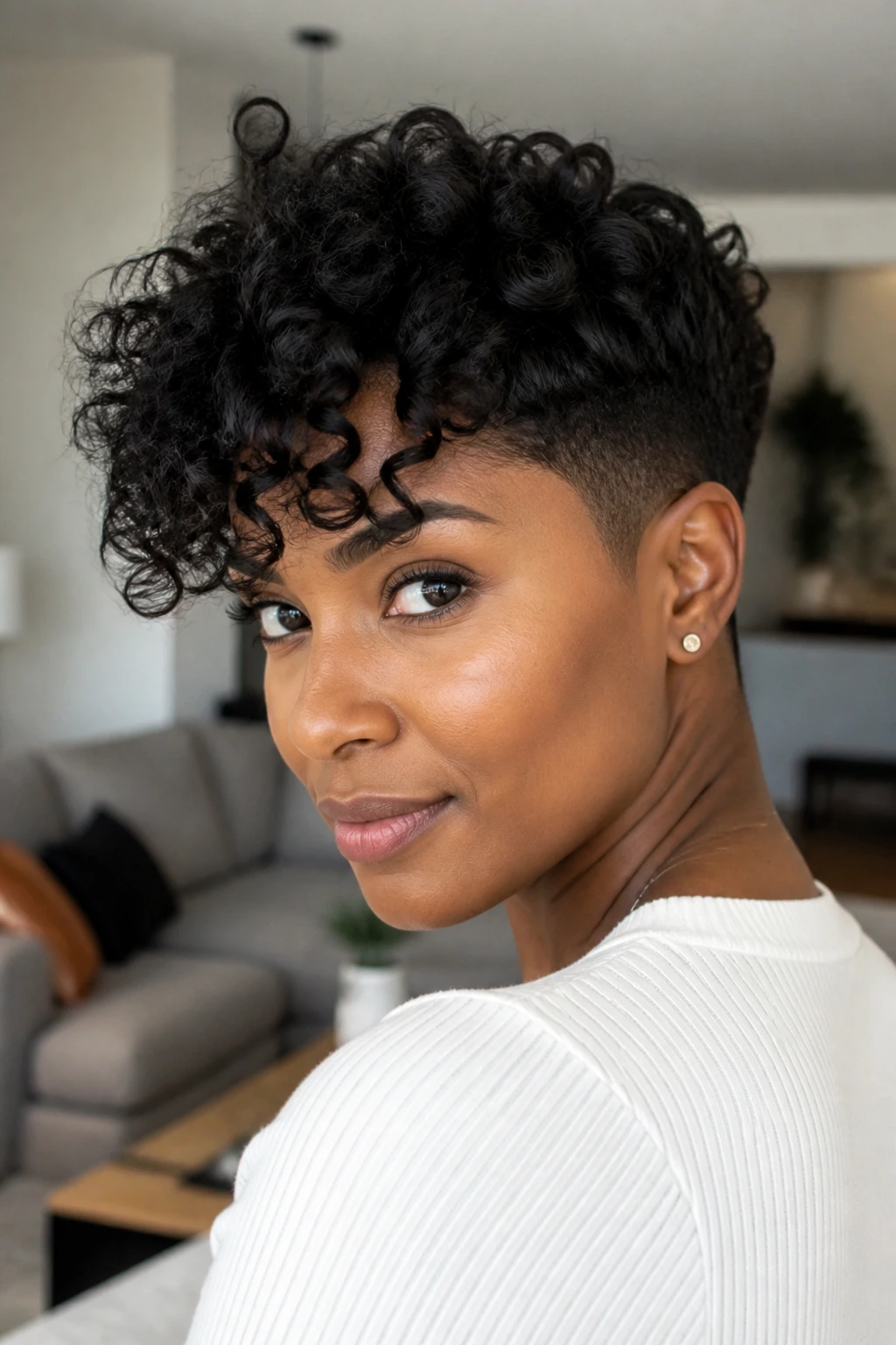 Black woman with tapered sides and curly fringe, fringe curling above eyebrows