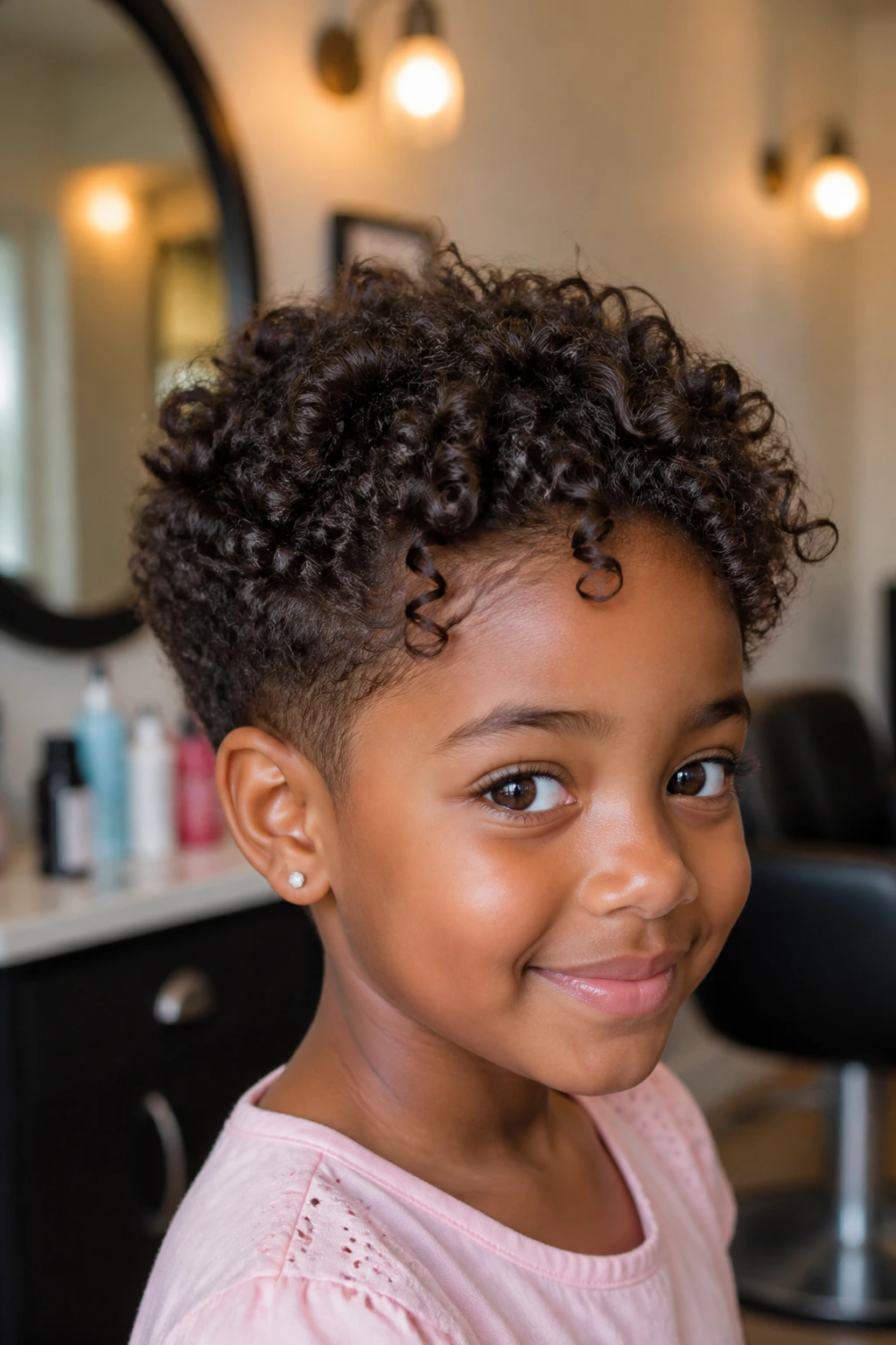 Close-up of a child with a tapered cut and defined curls.