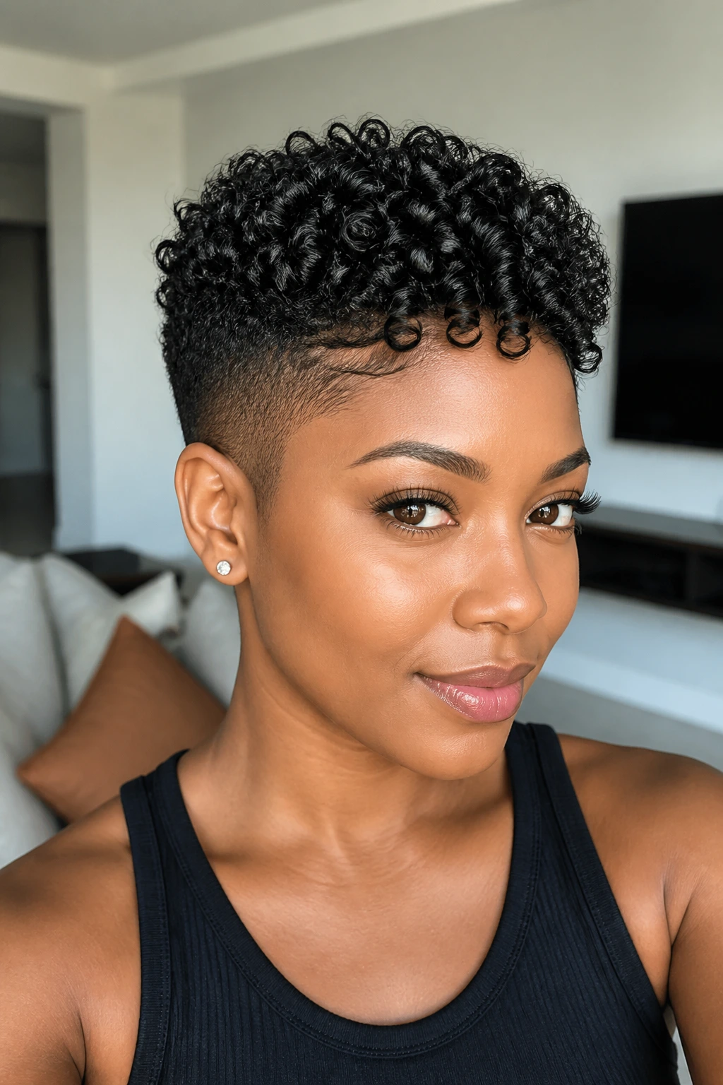Close-up of a real Black woman with a tapered cut and defined curls on top, natural daylight