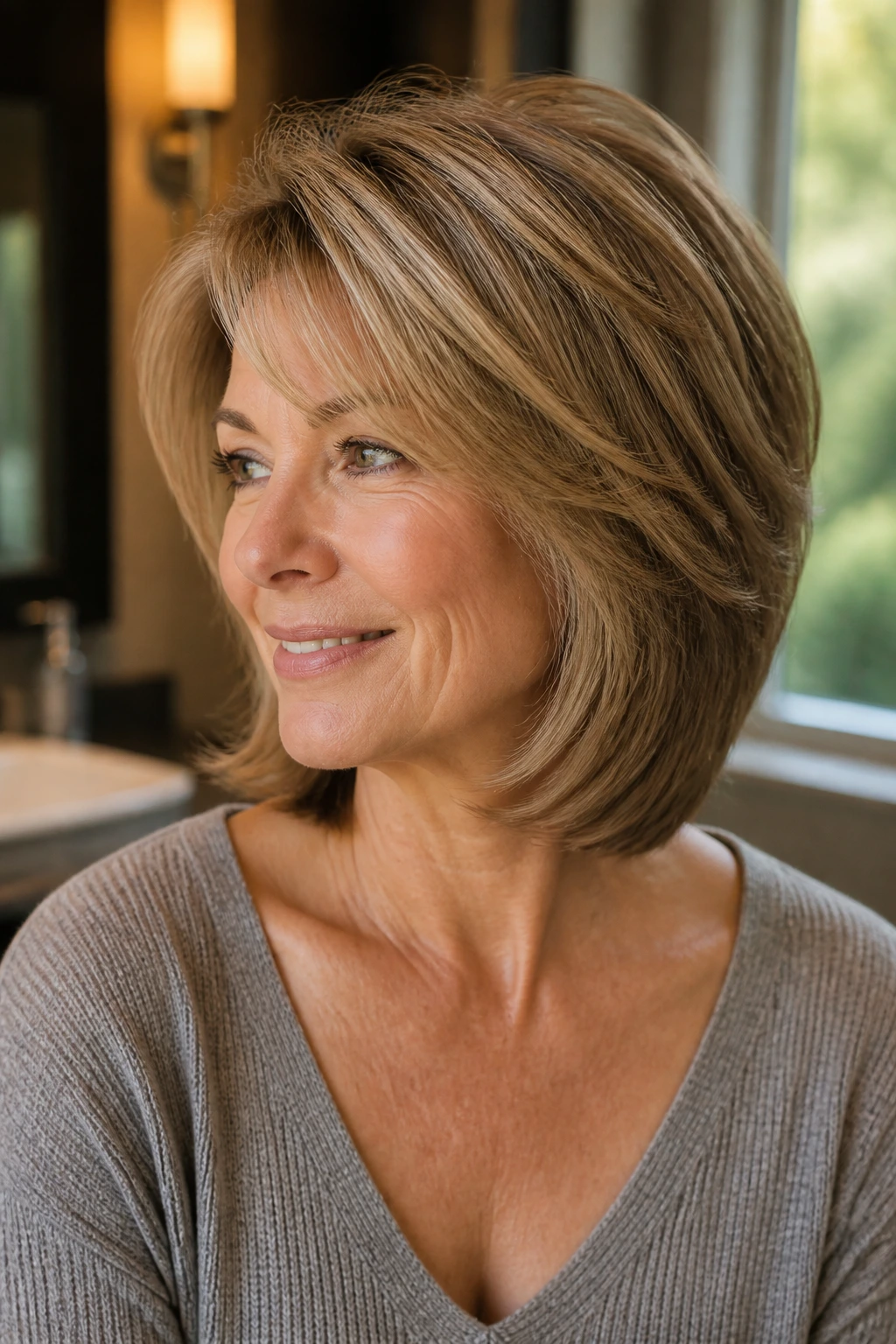 Close-up portrait of a real woman with a tapered cut lifting the crown, shoulder-length hair