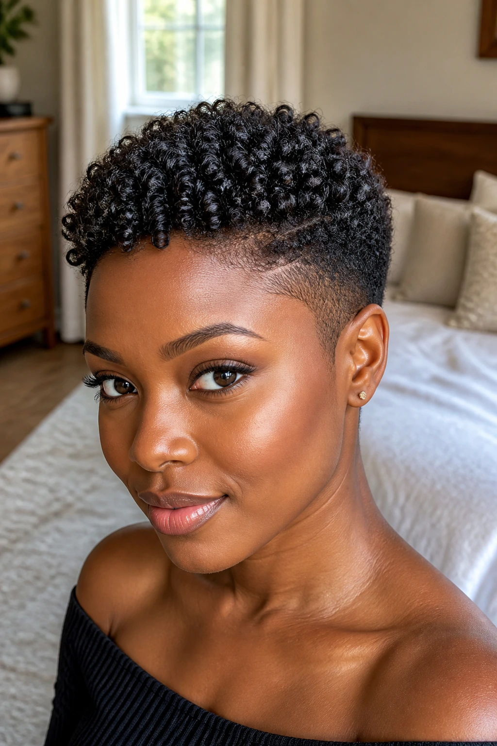 Black woman with tapered natural cut and finger coils on top