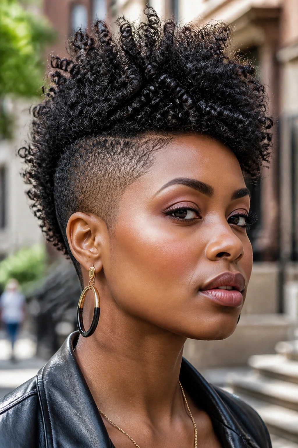 Portrait of a real Black woman with a tapered cut frohawk