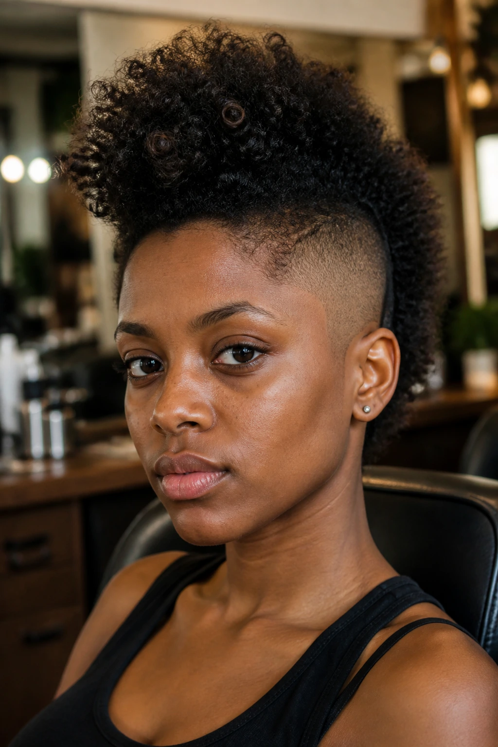 Close-up portrait of a real person with a tapered-cut frohawk in a salon