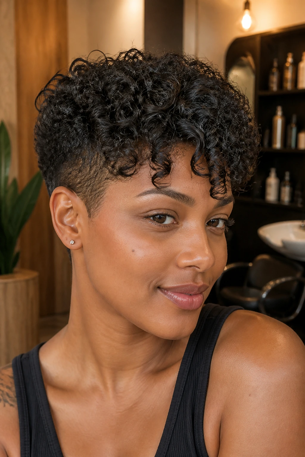 Close-up of a real woman with tapered sides and a front curl accent.
