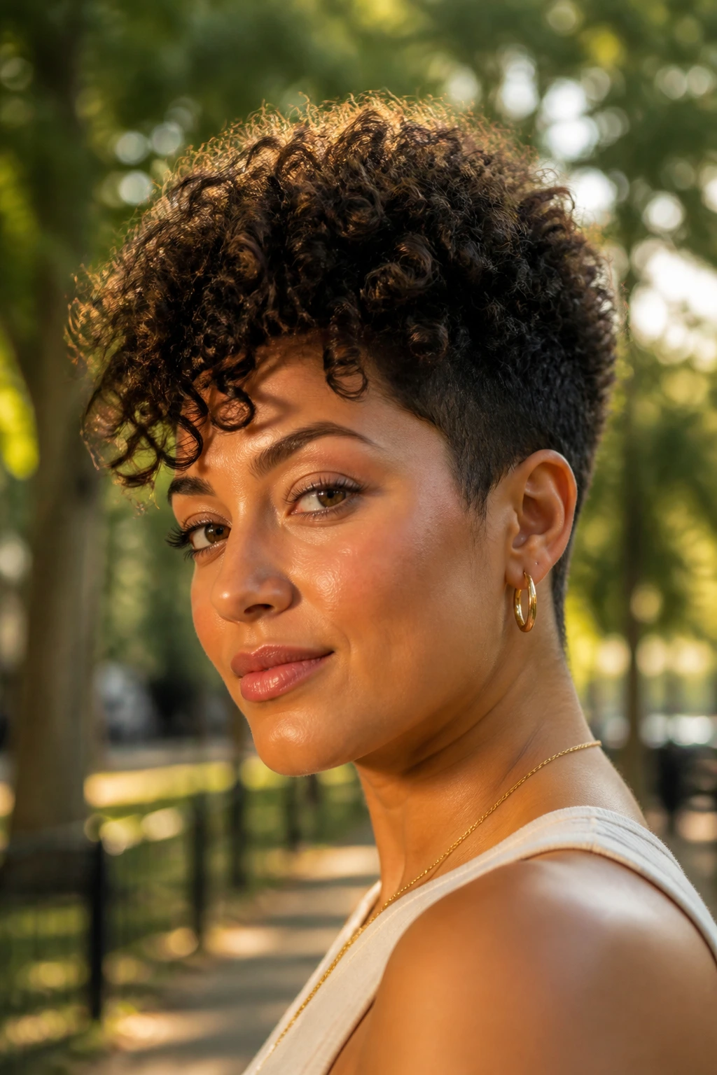 Close-up of tapered cut with high crown on a real woman in a park at golden hour.