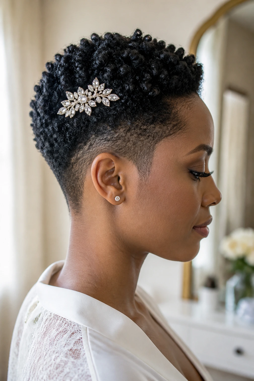 Close-up of a real person with tapered cut and jeweled clip
