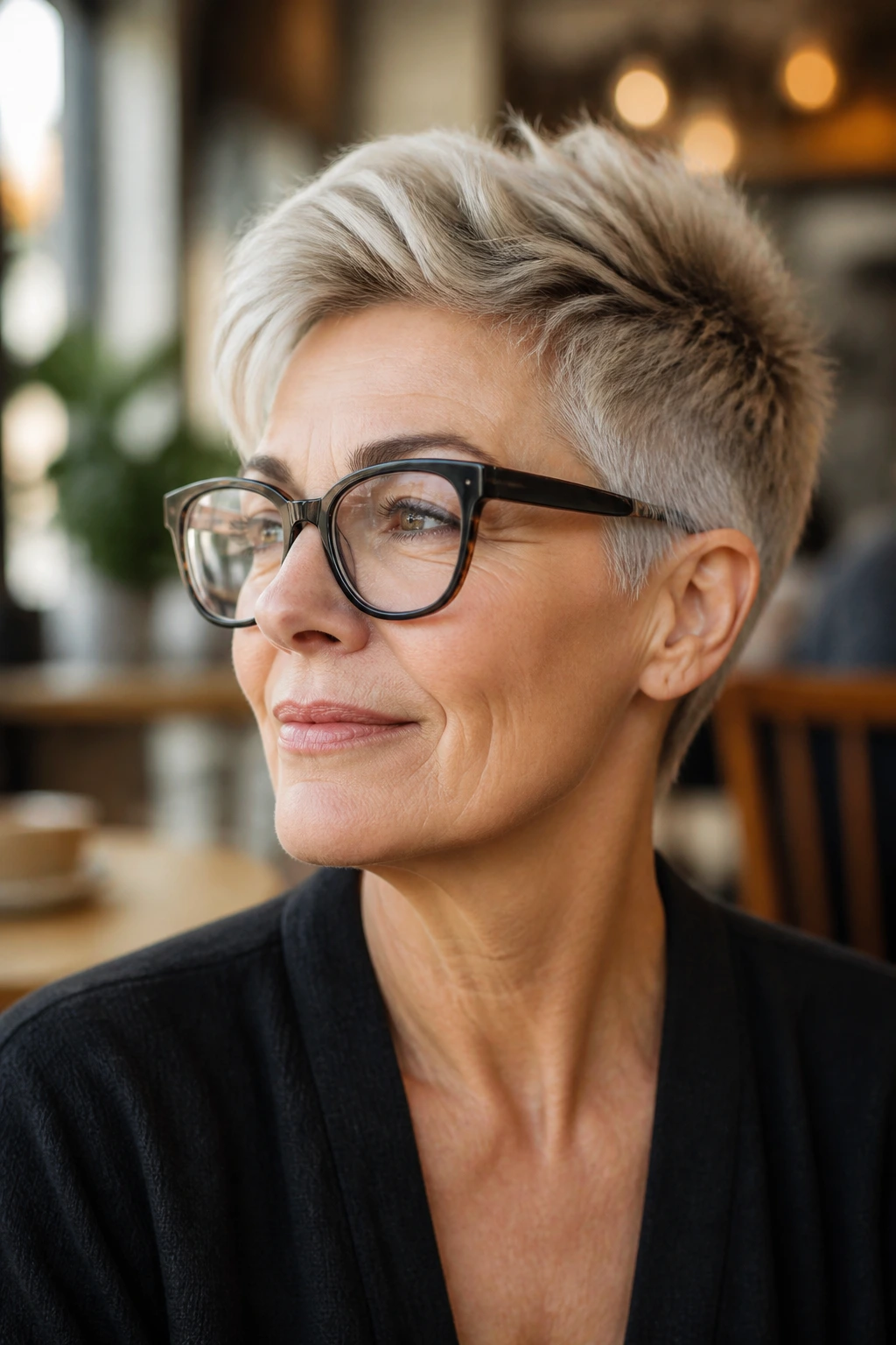 Portrait of a woman with a tapered cut and longer top showing lifted crown