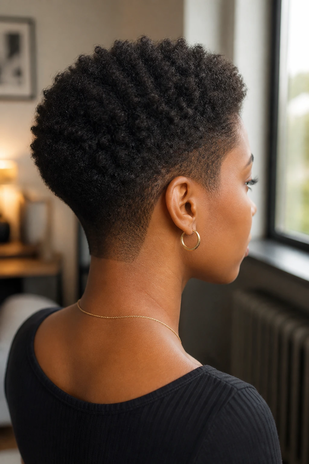 Close-up of a real Black woman with a tapered cut and close nape