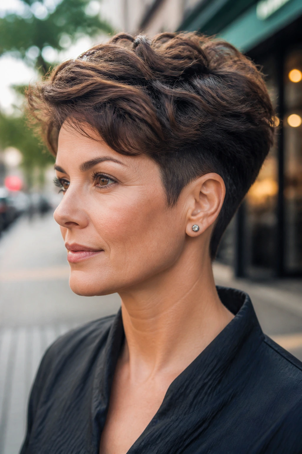 Close-up portrait of a real woman with a tapered cut hairstyle