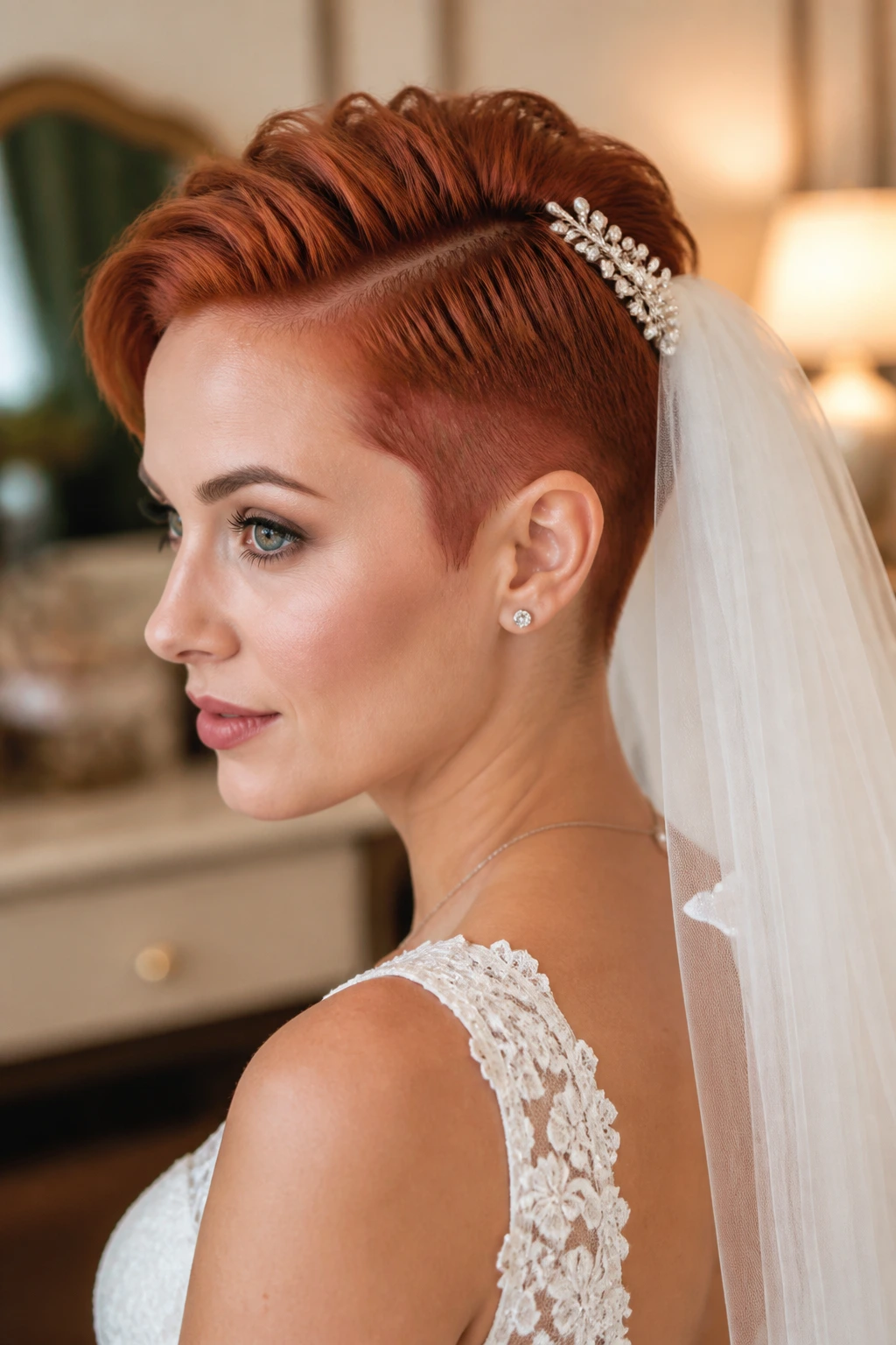 Portrait of a real bride with a tapered cut, comb and veil in place