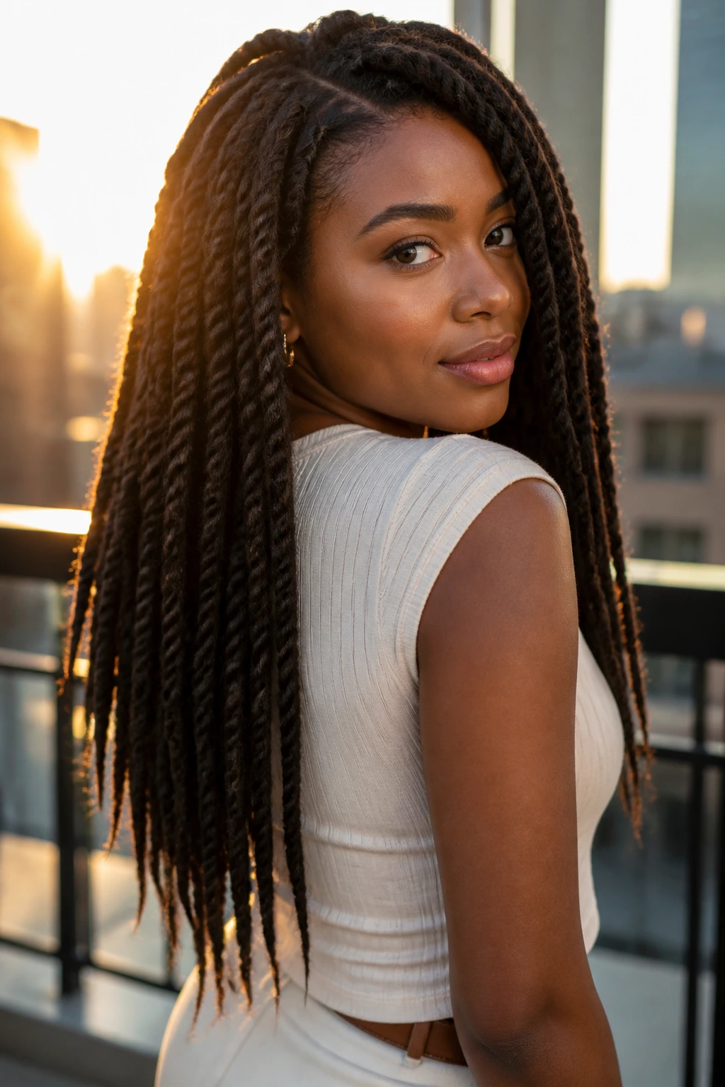 Close-up of a woman with tapered-end Marley twists in golden hour light.