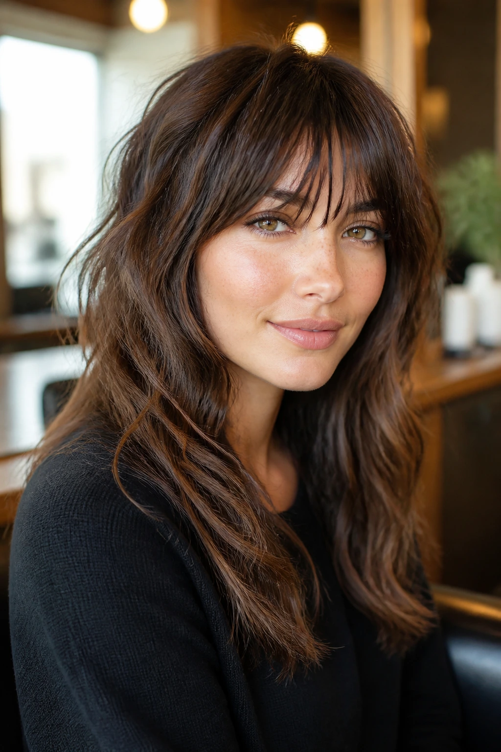 Close-up portrait of a real woman with tapered end shag and piecey brow fringe in warm light