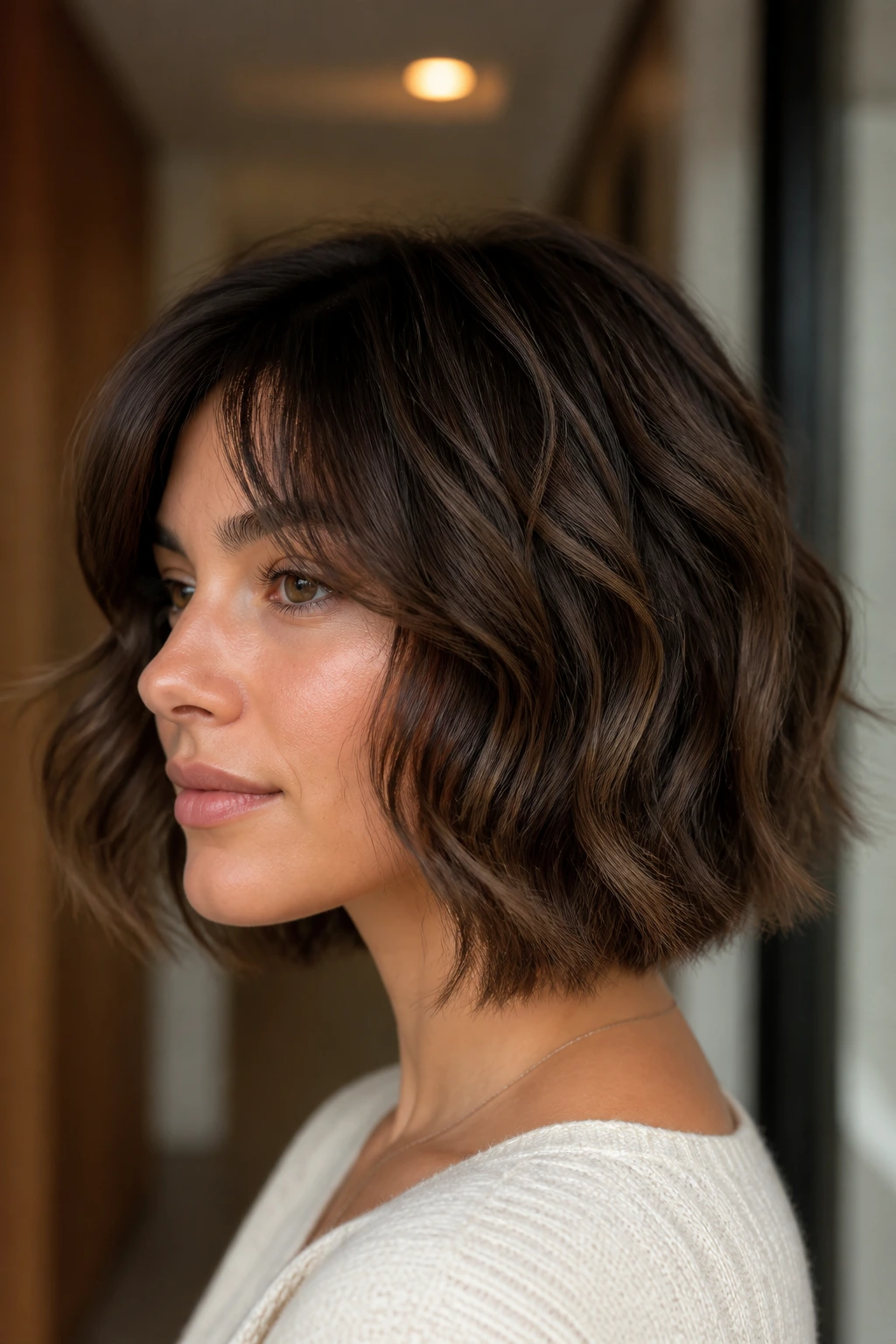 Close-up portrait of a real woman with a tapered ends bob on wavy hair.