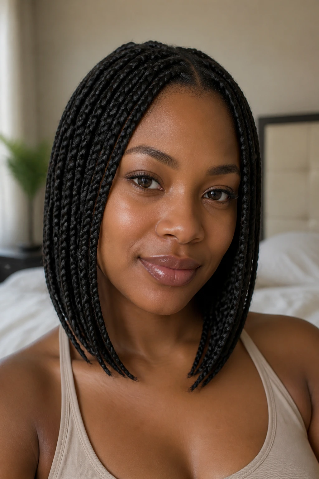 Close-up of tapered ends on medium-length box braids on a real person