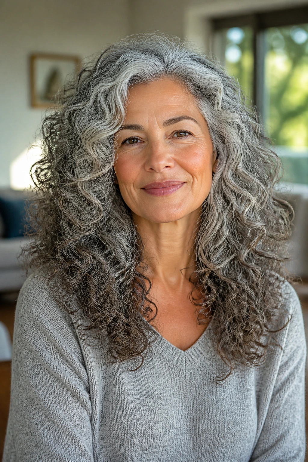 Older woman with tapered ends on thick curls in bright daylight.
