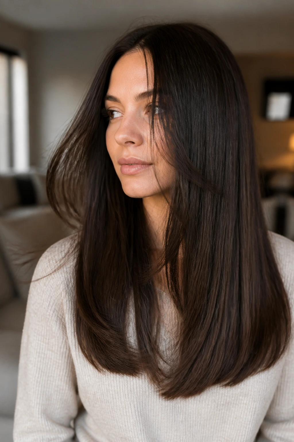 Close-up of a woman with tapered ends and soft movement in thick hair