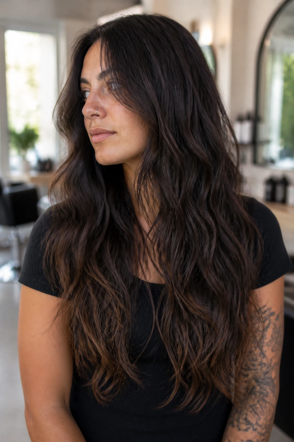 Close-up of a real woman with tapered ends on long wavy hair in a salon