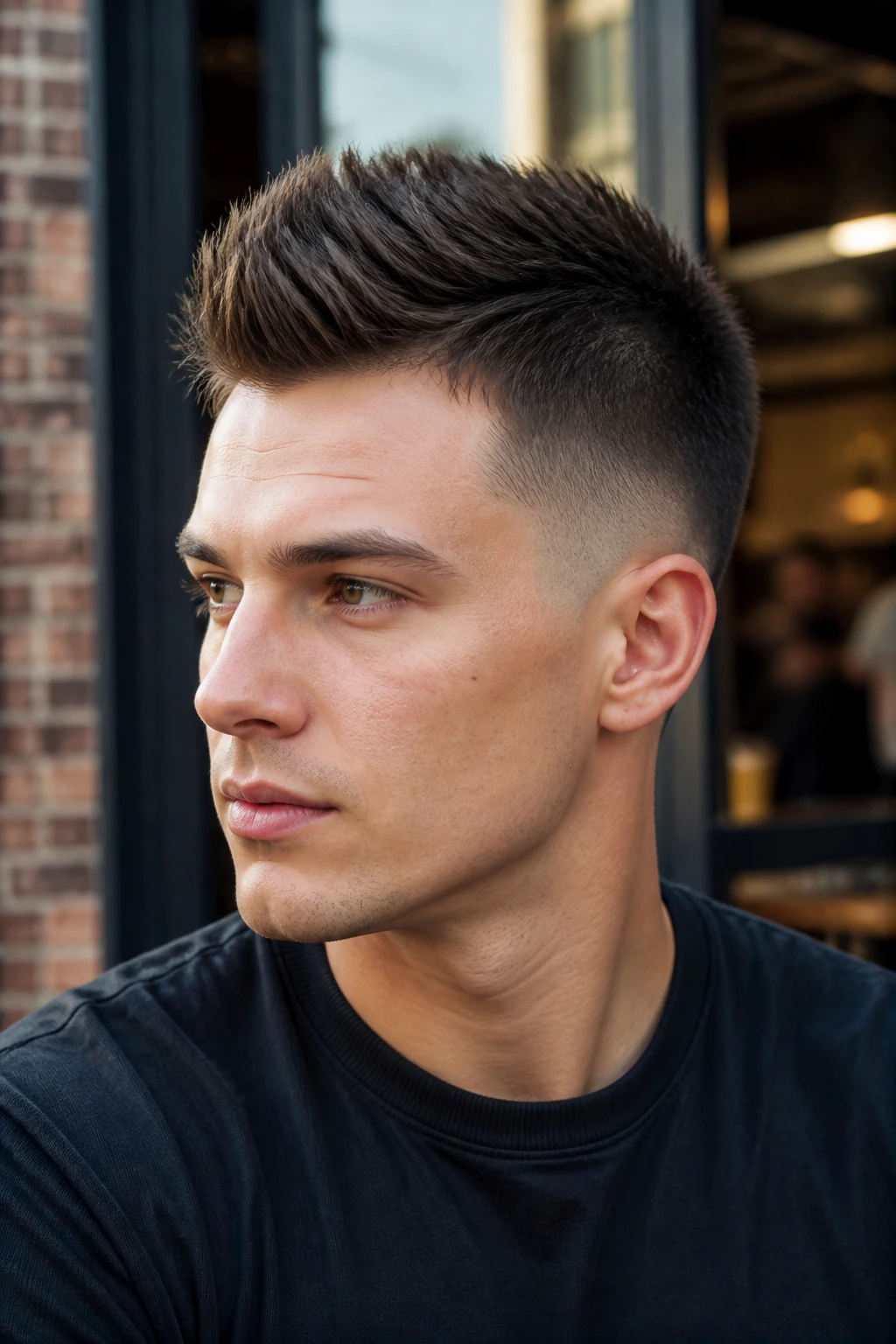 Real person with a tapered faux hawk and centered volume.