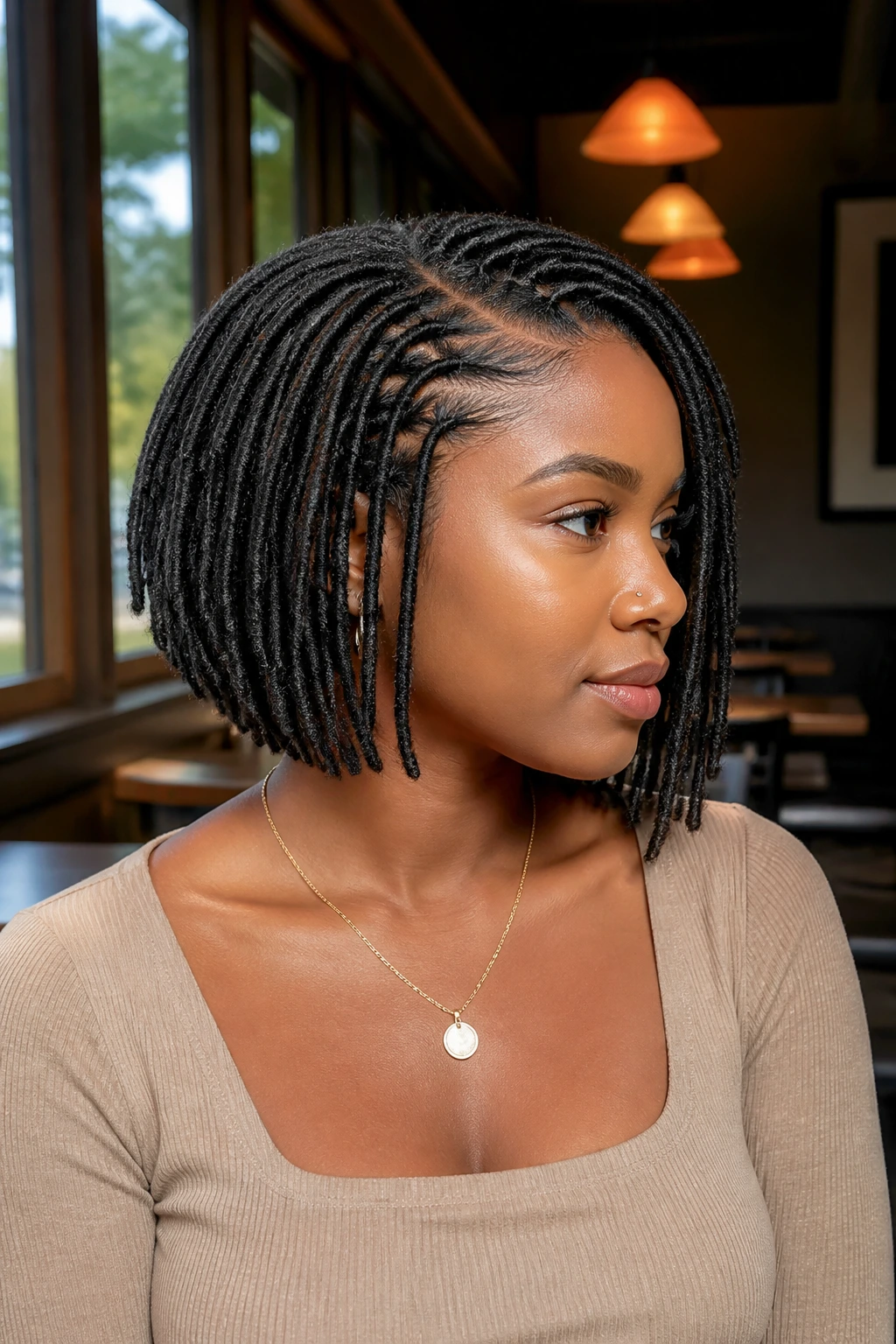 Medium close-up of a person with a tapered faux loc bob showing a gentle jawline angle.