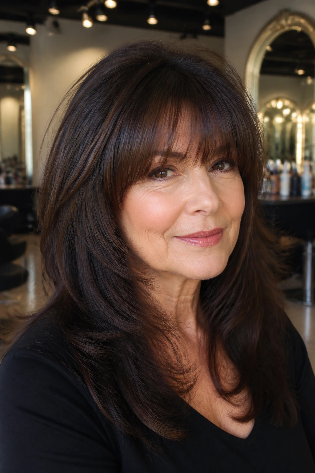 Close-up of a real woman with thick hair and tapered feathered bangs in a salon setting