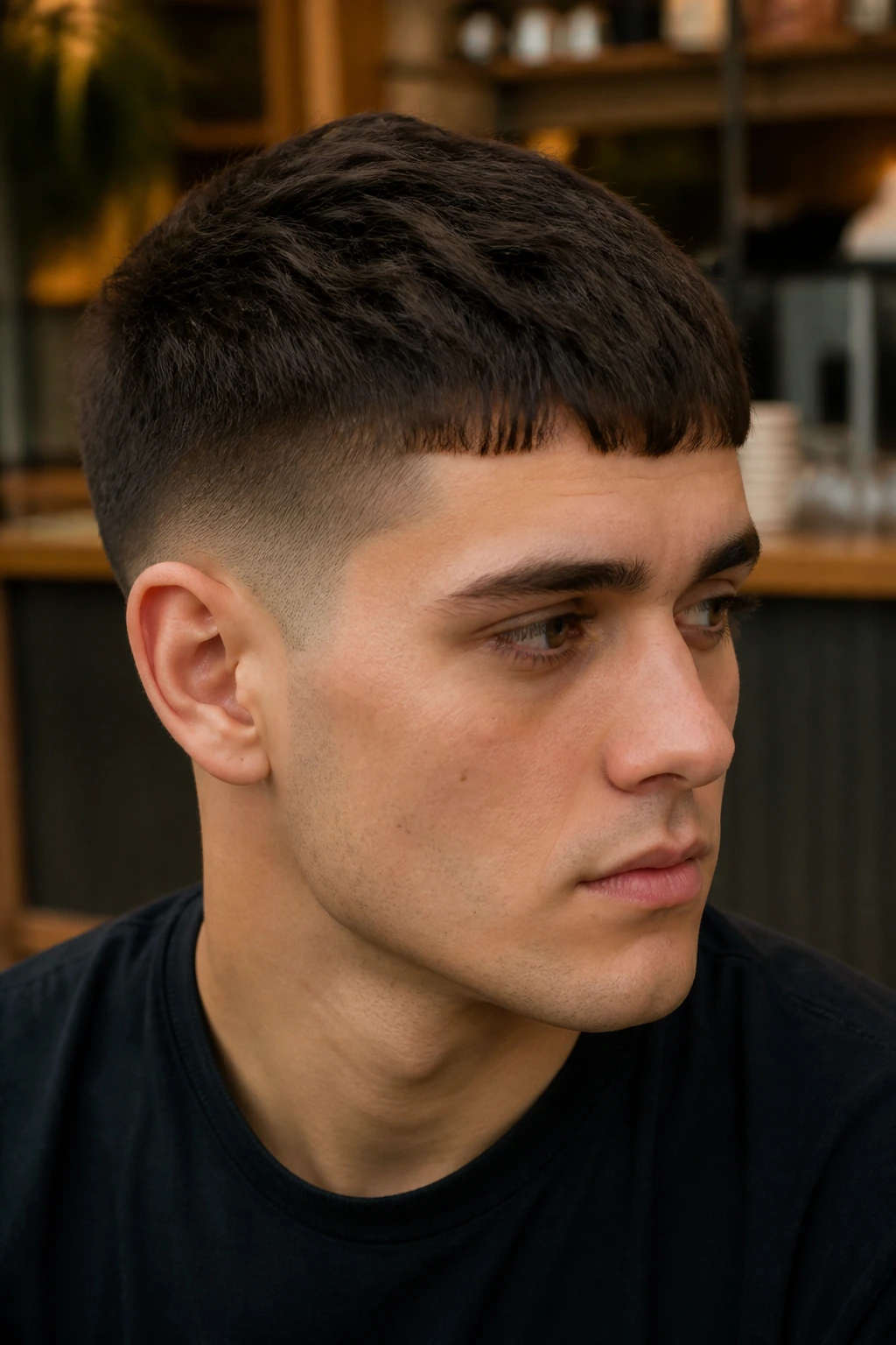 Man with tapered French crop and forward fringe in a cafe setting