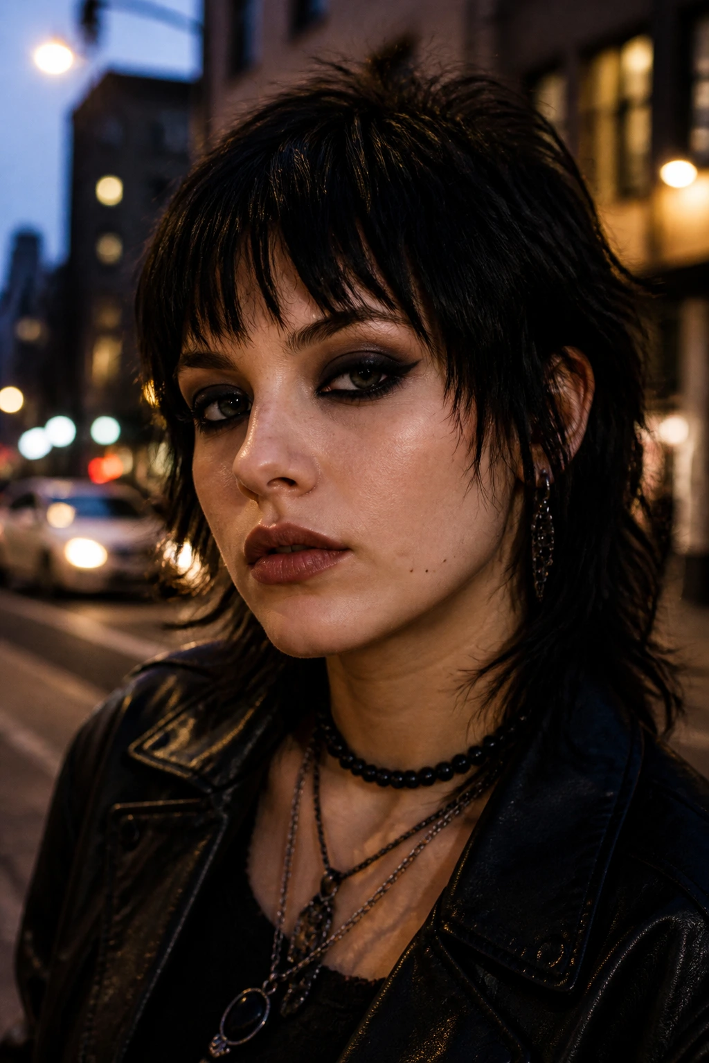 Close-up of a real person with tapered fringe and short shag on dark hair in urban dusk setting.