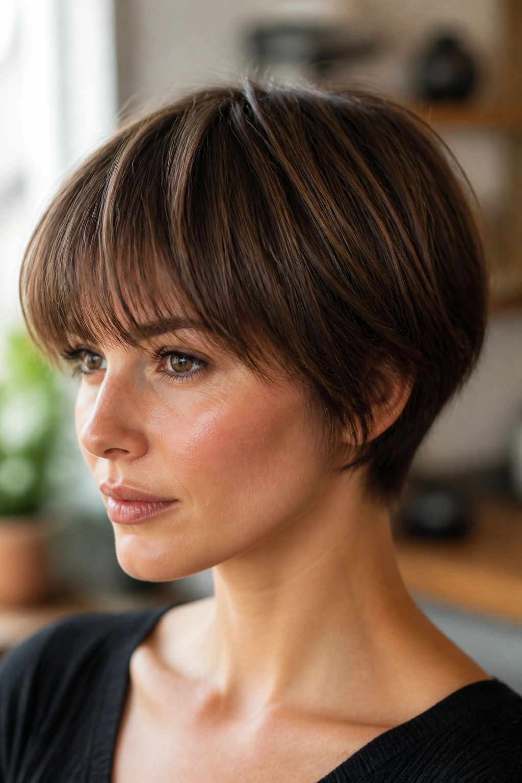 Close-up of real person with tapered fringe blending into layered short hair