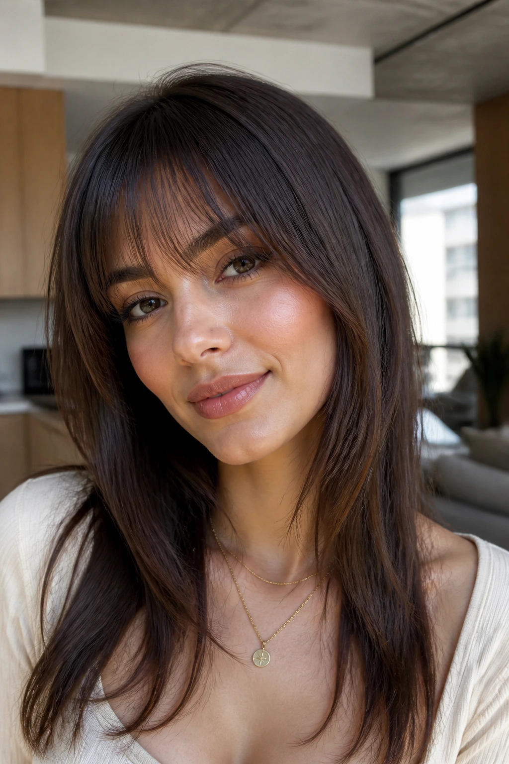 Close-up of tapered fringe with longer corners framing a round face