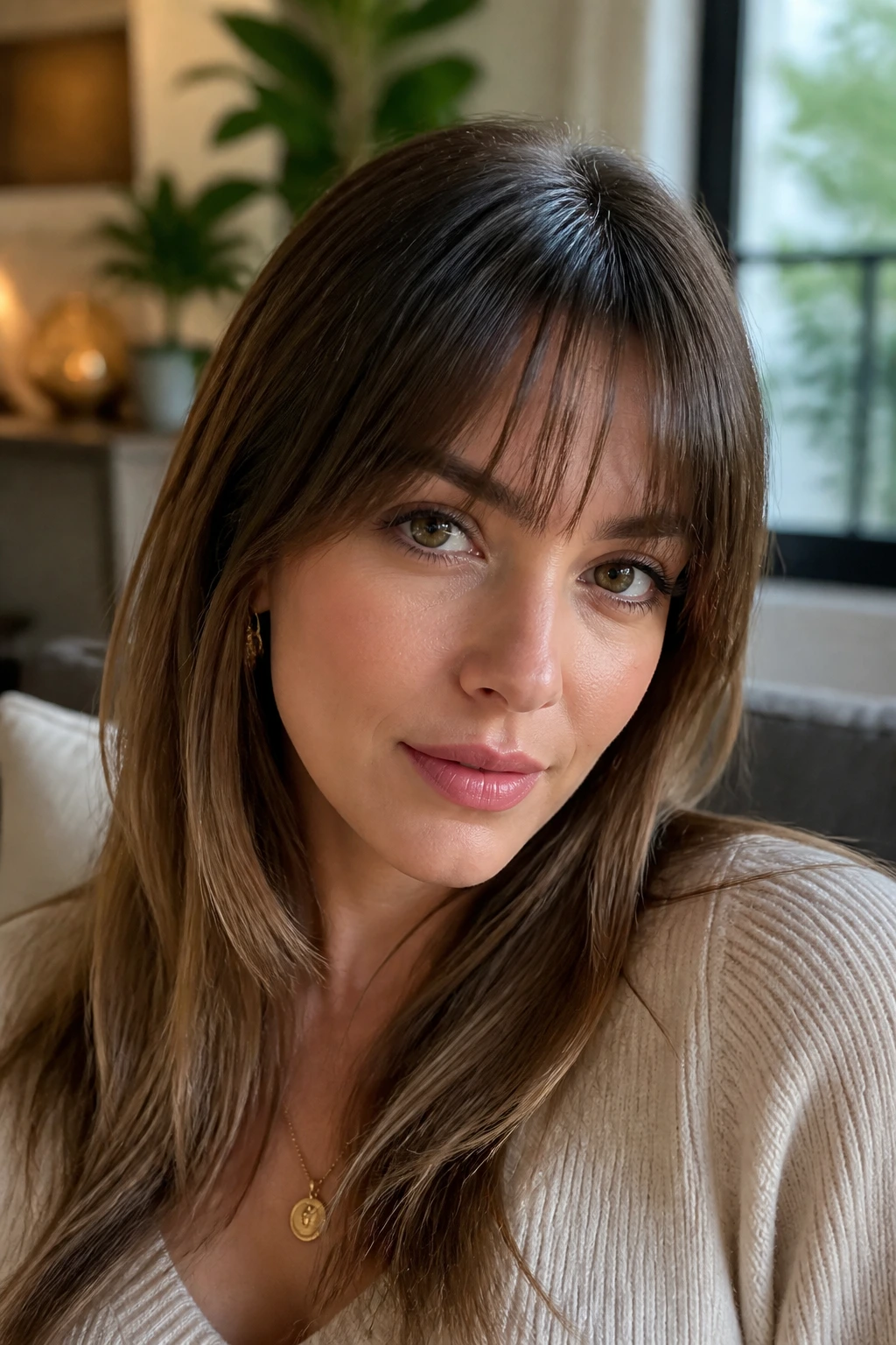 Close-up of a real woman with tapered fringe in a cozy living room setting