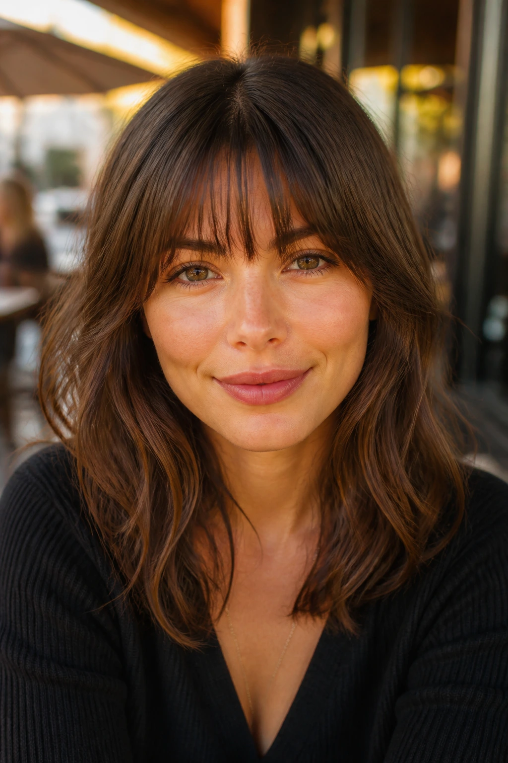 Close-up portrait of a real woman with tapered fringe in golden hour light outdoors.