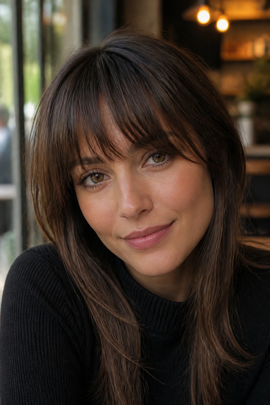 Close-up of a real person with tapered fringe narrowing at the sides in cafe light