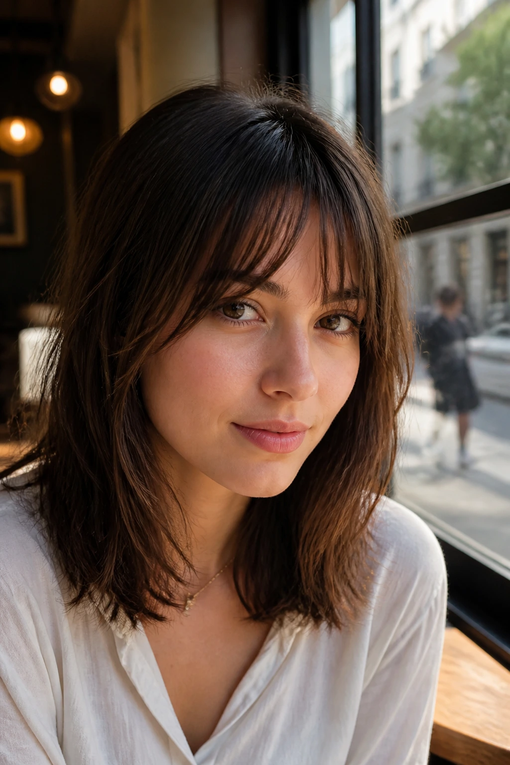 Close-up of a real person with tapered fringe on shoulder-length hair